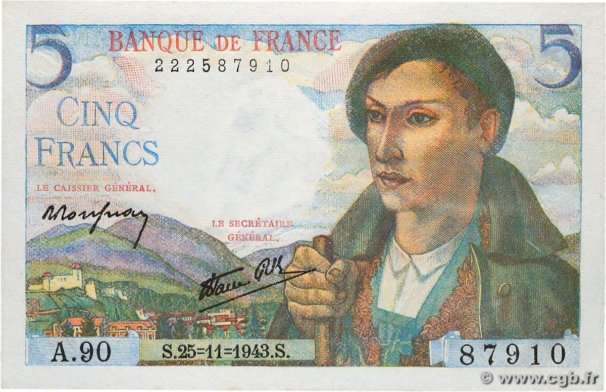 5 Francs BERGER FRANCE  1943 F.05.04 NEUF