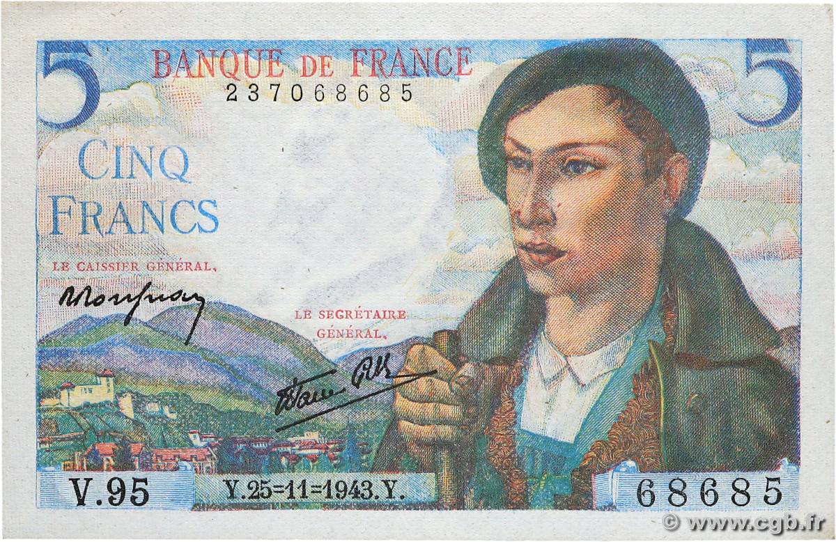 5 Francs BERGER FRANCE  1943 F.05.04 UNC