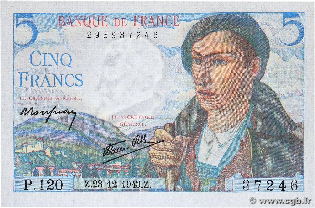 5 Francs BERGER FRANCE  1943 F.05.05 UNC