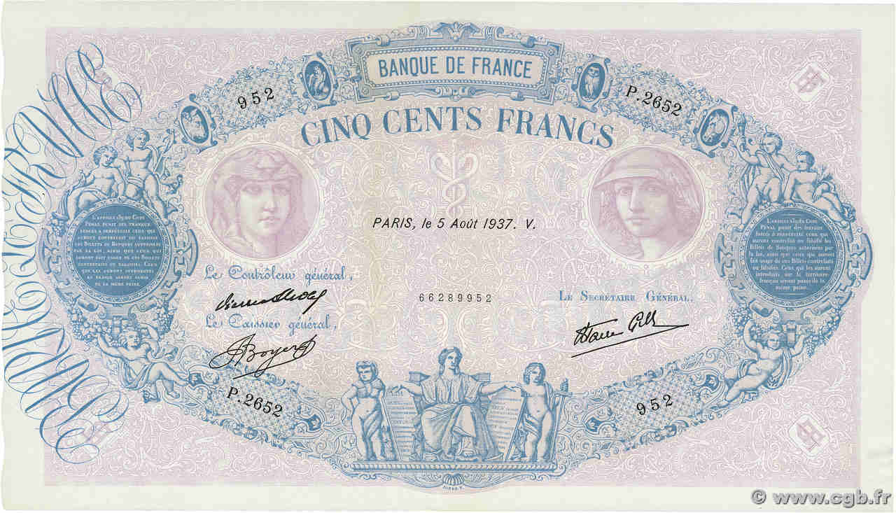 500 Francs BLEU ET ROSE modifié FRANCE  1937 F.31.01 SPL