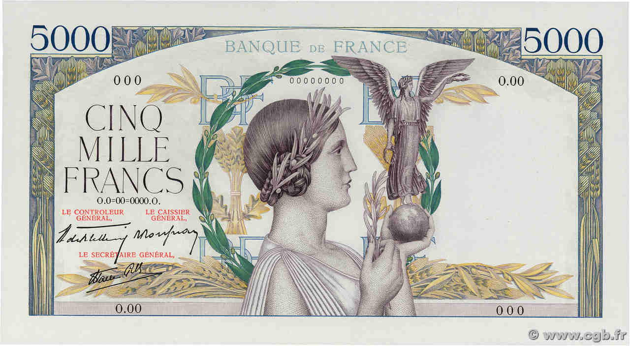 5000 Francs VICTOIRE Impression à plat Épreuve FRANCE  1938 F.46.00Ed SPL+
