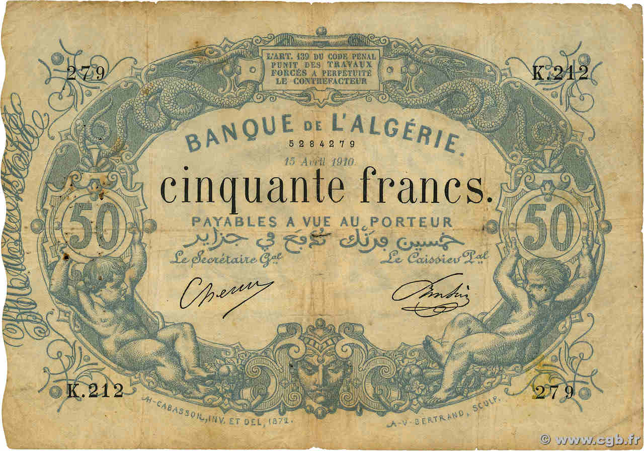 50 Francs ALGERIEN  1910 P.073 fS