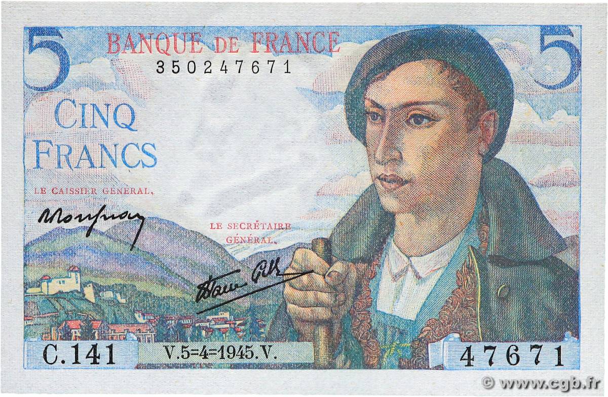 5 Francs BERGER FRANCE  1945 F.05.06 NEUF