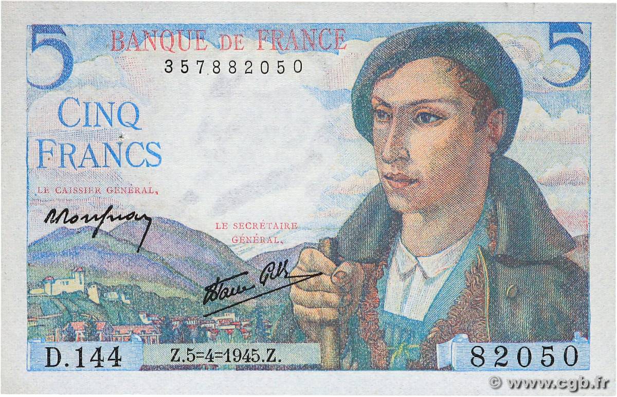 5 Francs BERGER FRANCE  1945 F.05.06 UNC-