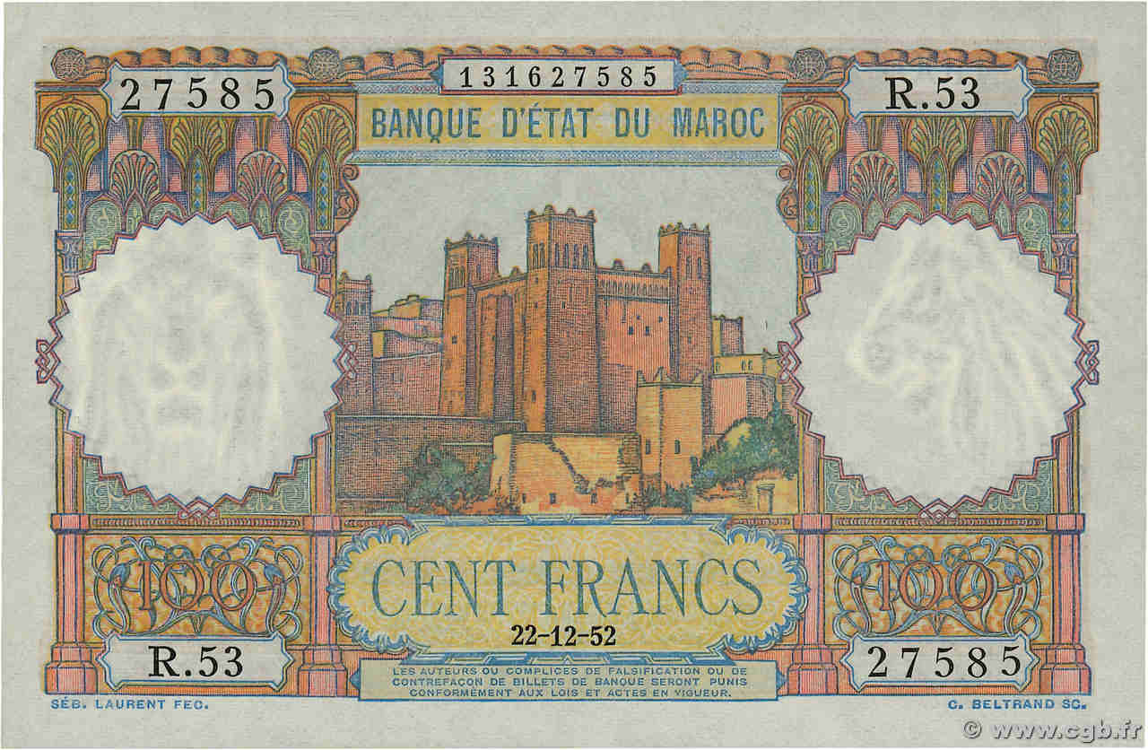 100 Francs MOROCCO  1952 P.45 AU