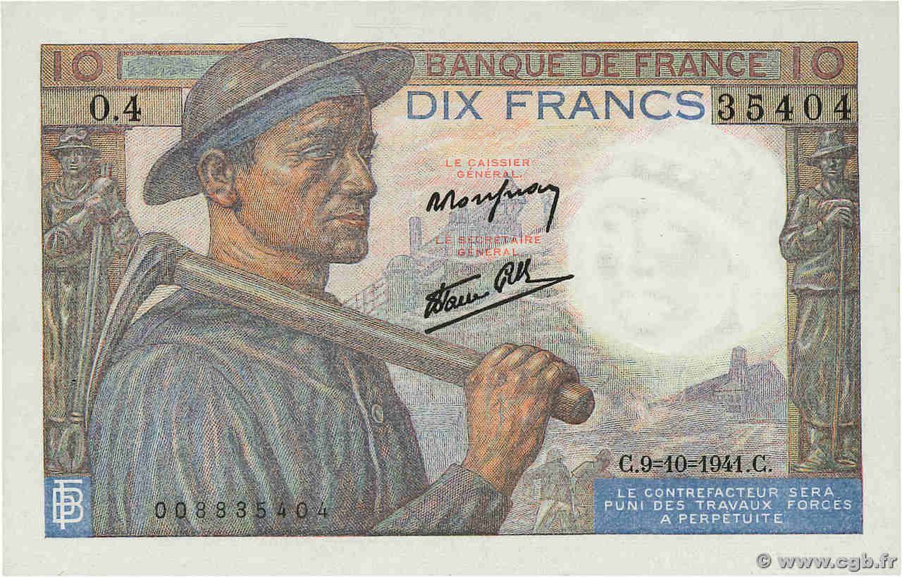 10 Francs MINEUR FRANKREICH  1941 F.08.02 VZ+