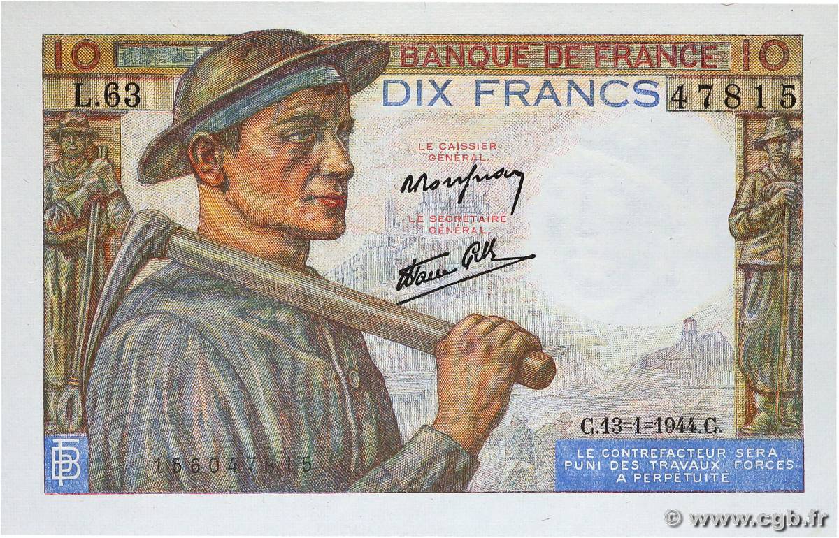 10 Francs MINEUR FRANCE  1944 F.08.10 UNC