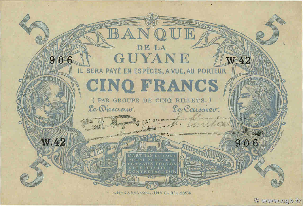 5 Francs Cabasson bleu FRENCH GUIANA  1942 P.01d q.FDC