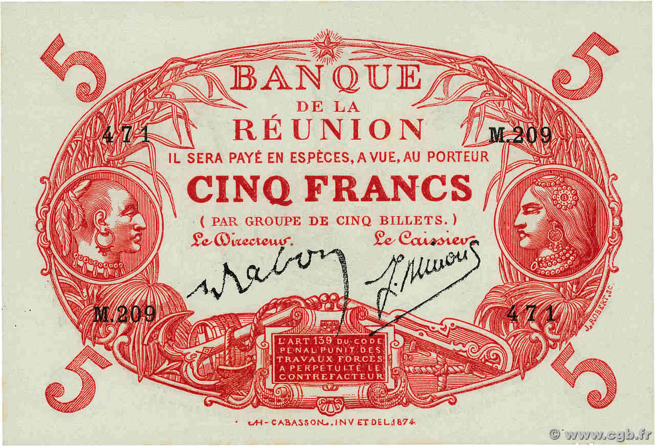 5 Francs Cabasson rouge ÎLE DE LA RÉUNION  1916 P.14 pr.NEUF