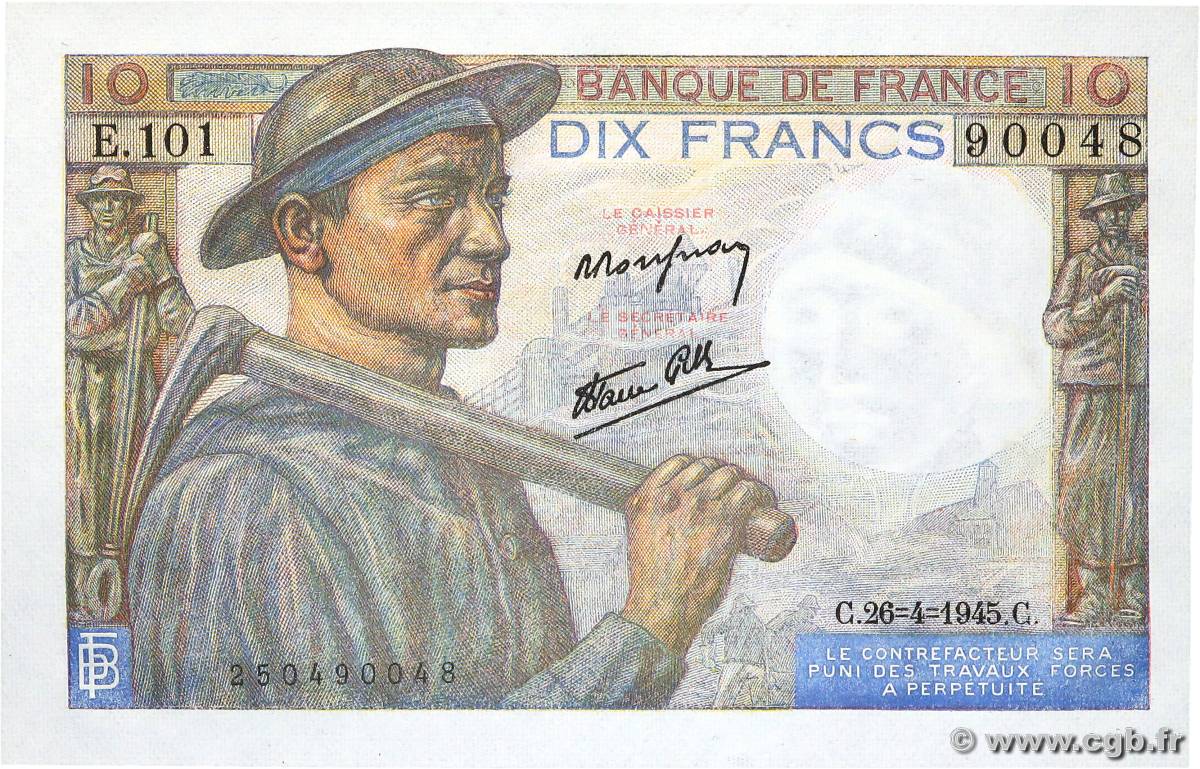 10 Francs MINEUR FRANCE  1945 F.08.14 NEUF