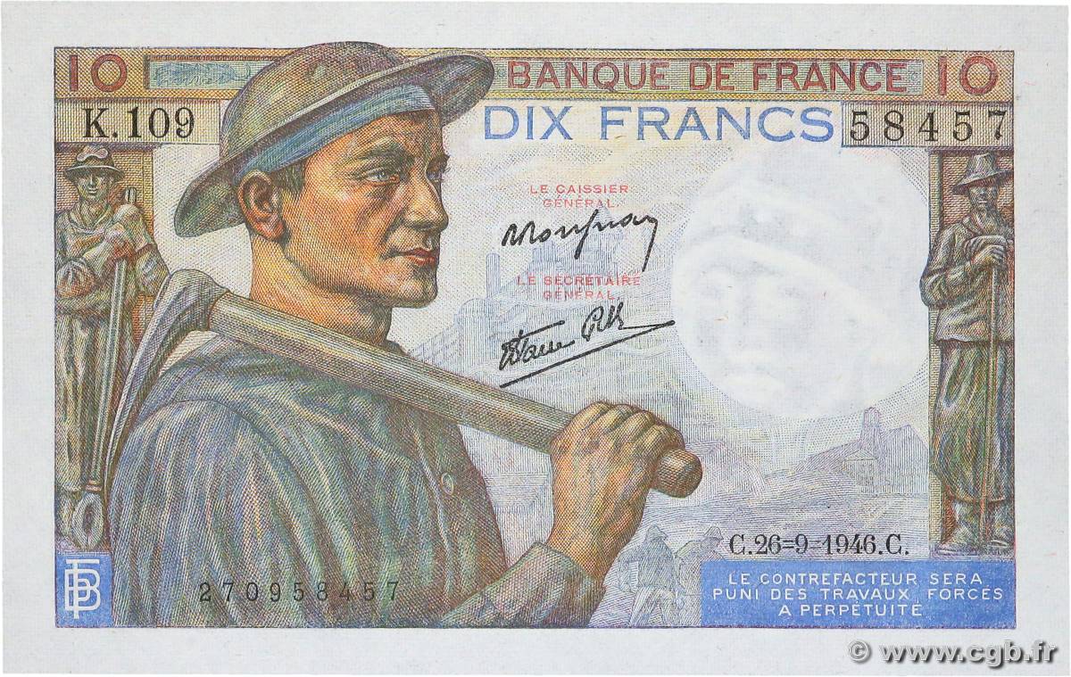 10 Francs MINEUR FRANCE  1946 F.08.15 UNC