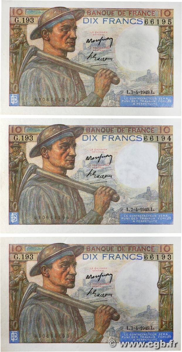 10 Francs MINEUR Consécutifs FRANCIA  1949 F.08.21 q.FDC