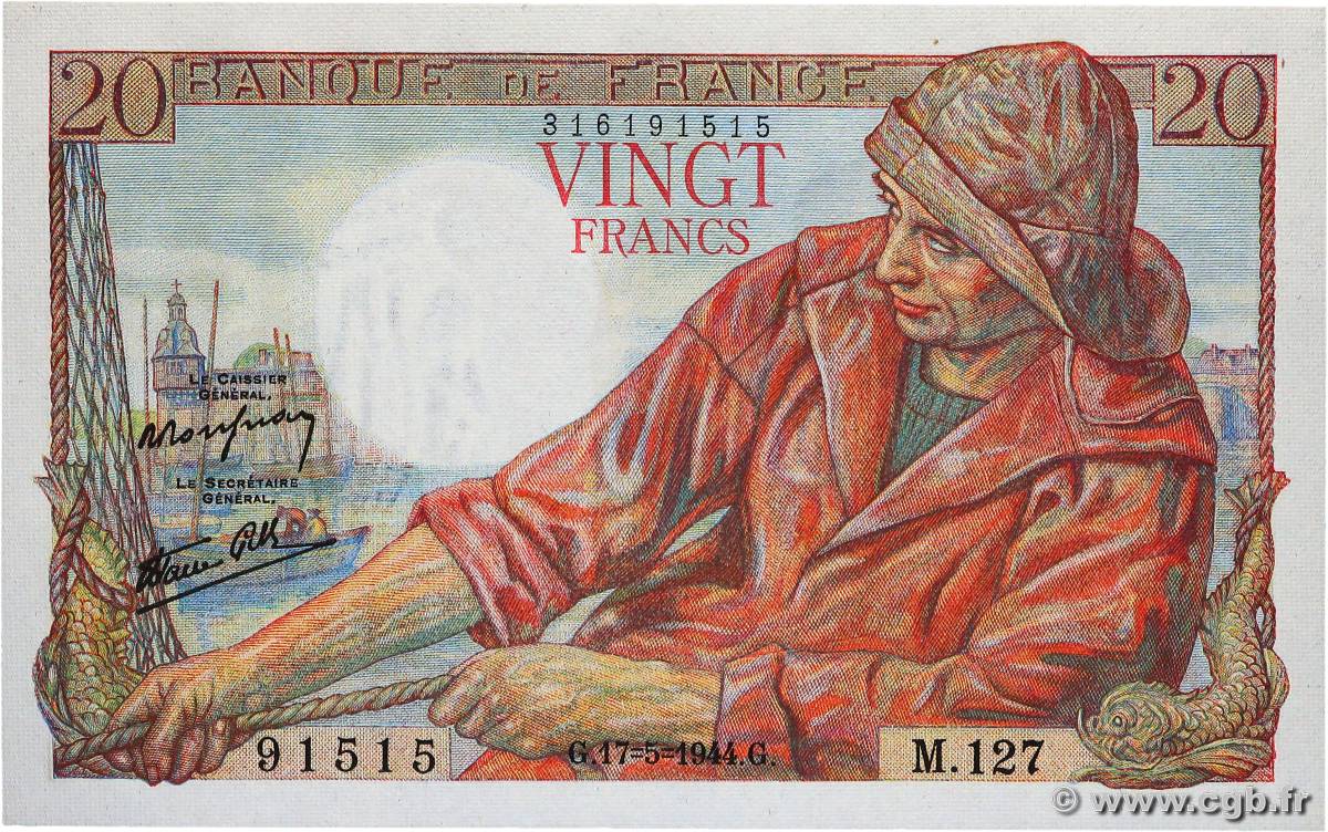 20 Francs PÊCHEUR FRANCIA  1944 F.13.09 FDC