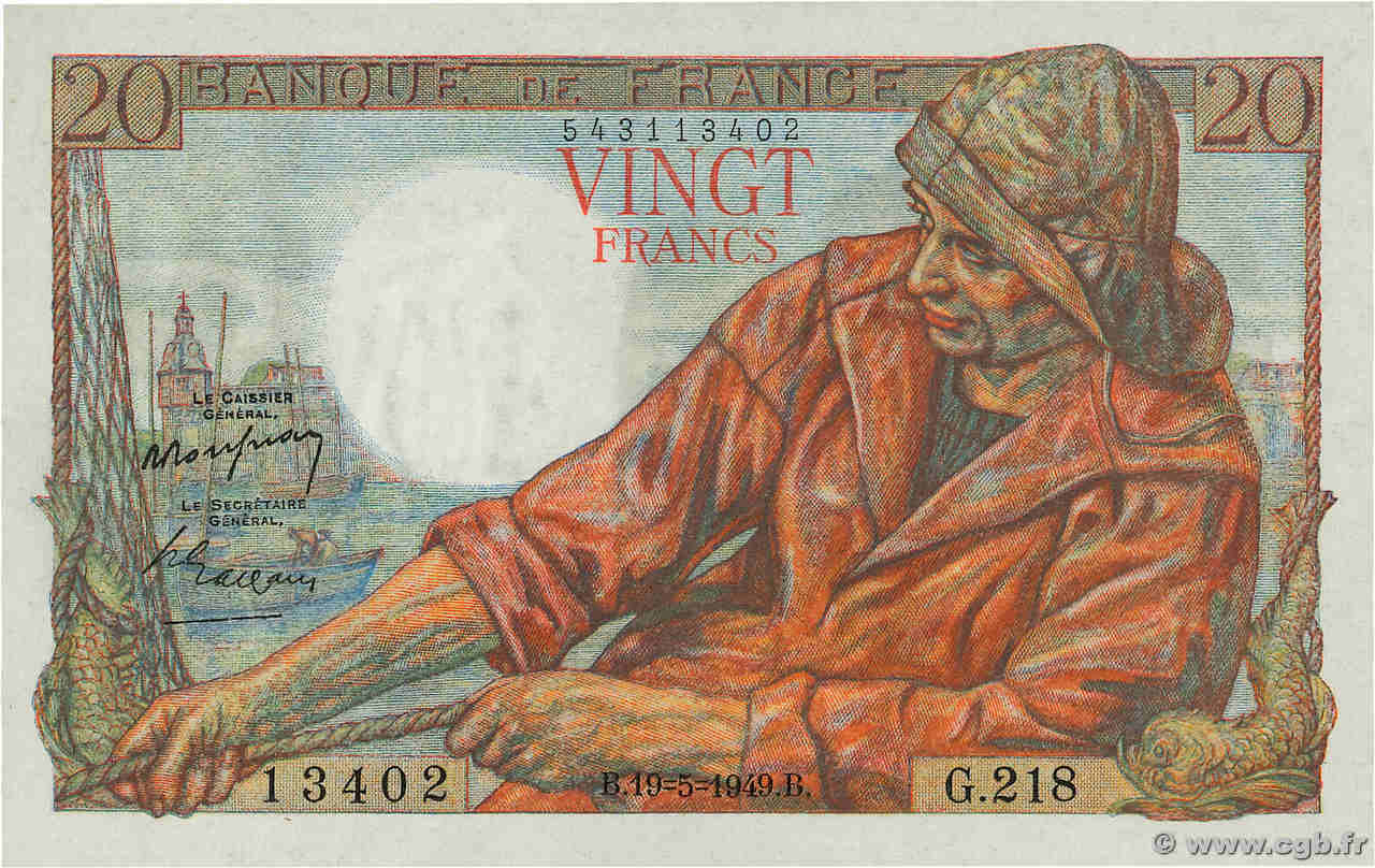 20 Francs PÊCHEUR FRANCE  1949 F.13.15 UNC-