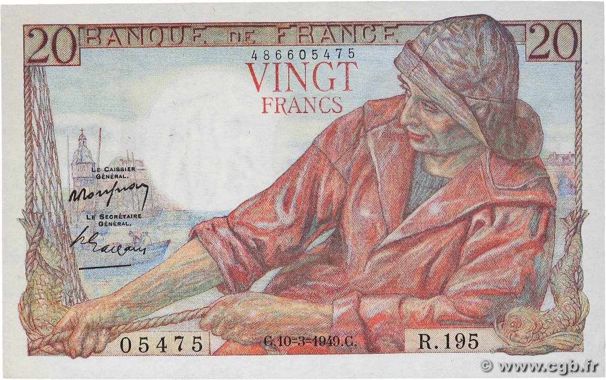 20 Francs PÊCHEUR FRANKREICH  1949 F.13.14 fST+