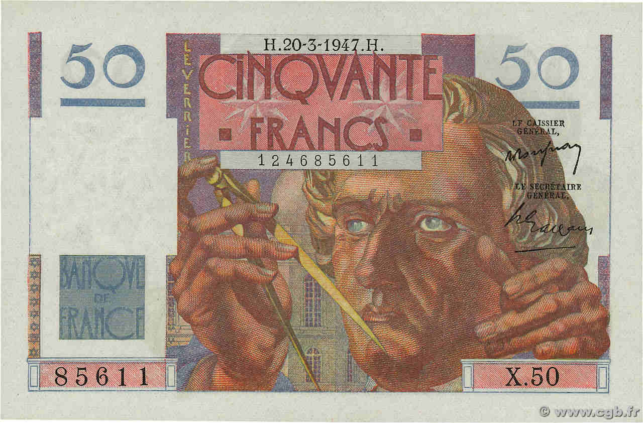 50 Francs LE VERRIER FRANCE  1947 F.20.07 AU+