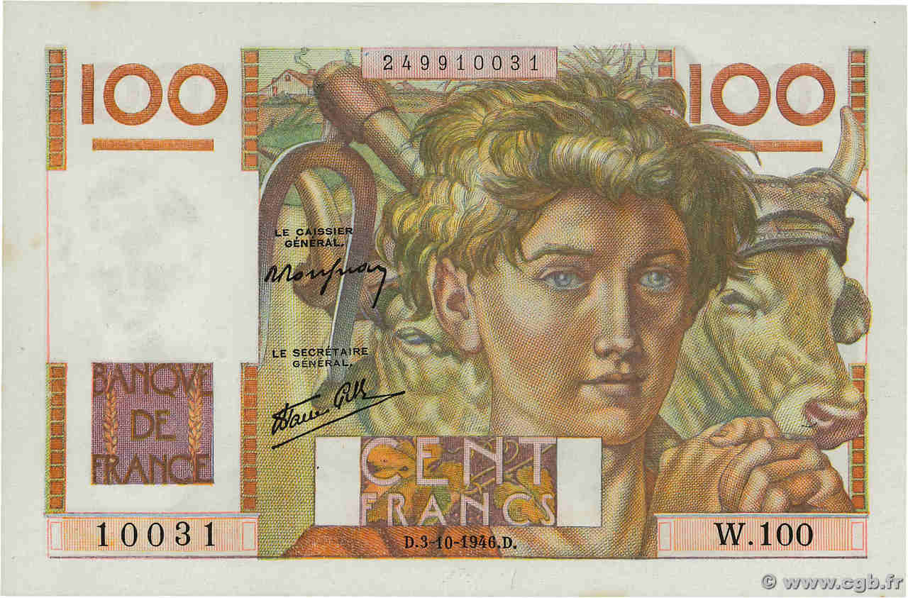 100 Francs JEUNE PAYSAN FRANCE  1946 F.28.09 UNC-