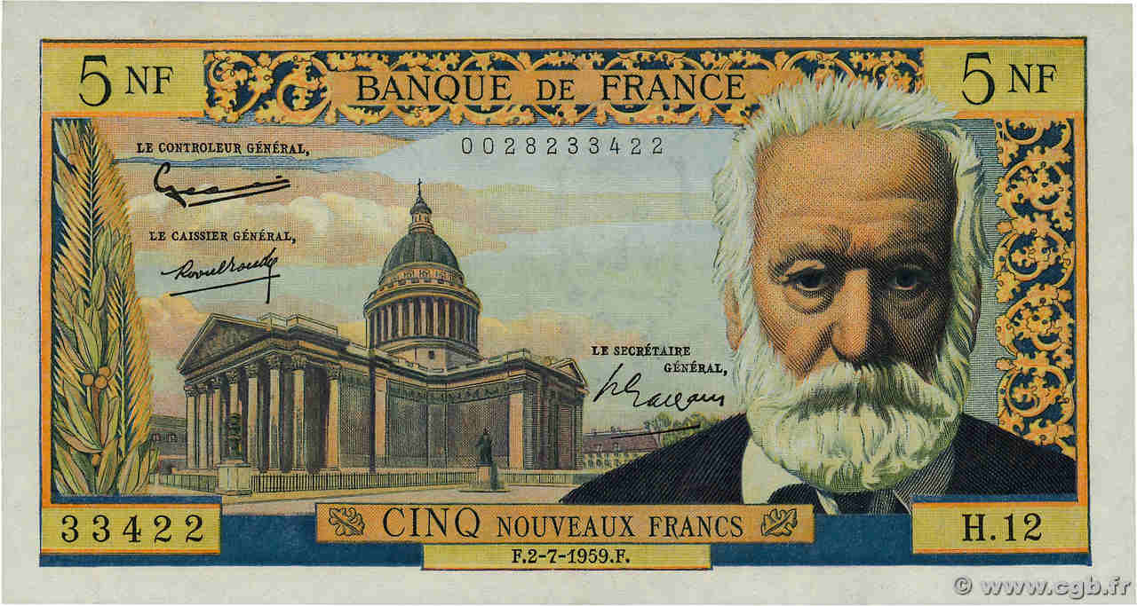 5 Nouveaux Francs VICTOR HUGO FRANCE  1959 F.56.02 SUP