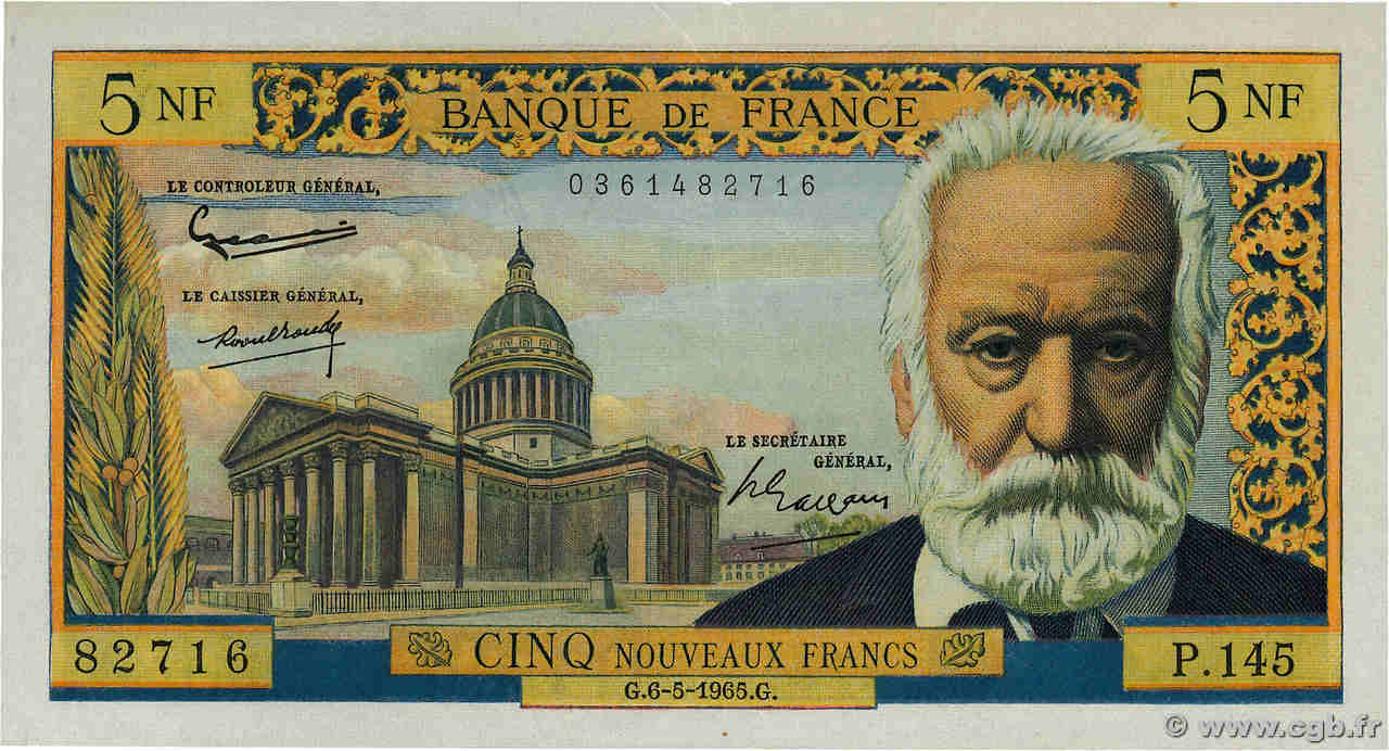 5 Nouveaux Francs VICTOR HUGO FRANCE  1965 F.56.18 XF
