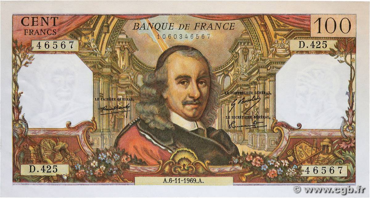 100 Francs CORNEILLE FRANCE  1969 F.65.28 XF+