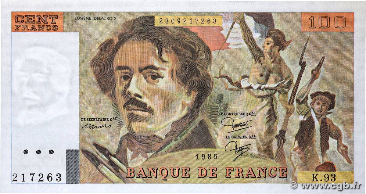 100 Francs DELACROIX modifié FRANCE  1985 F.69.09 SPL