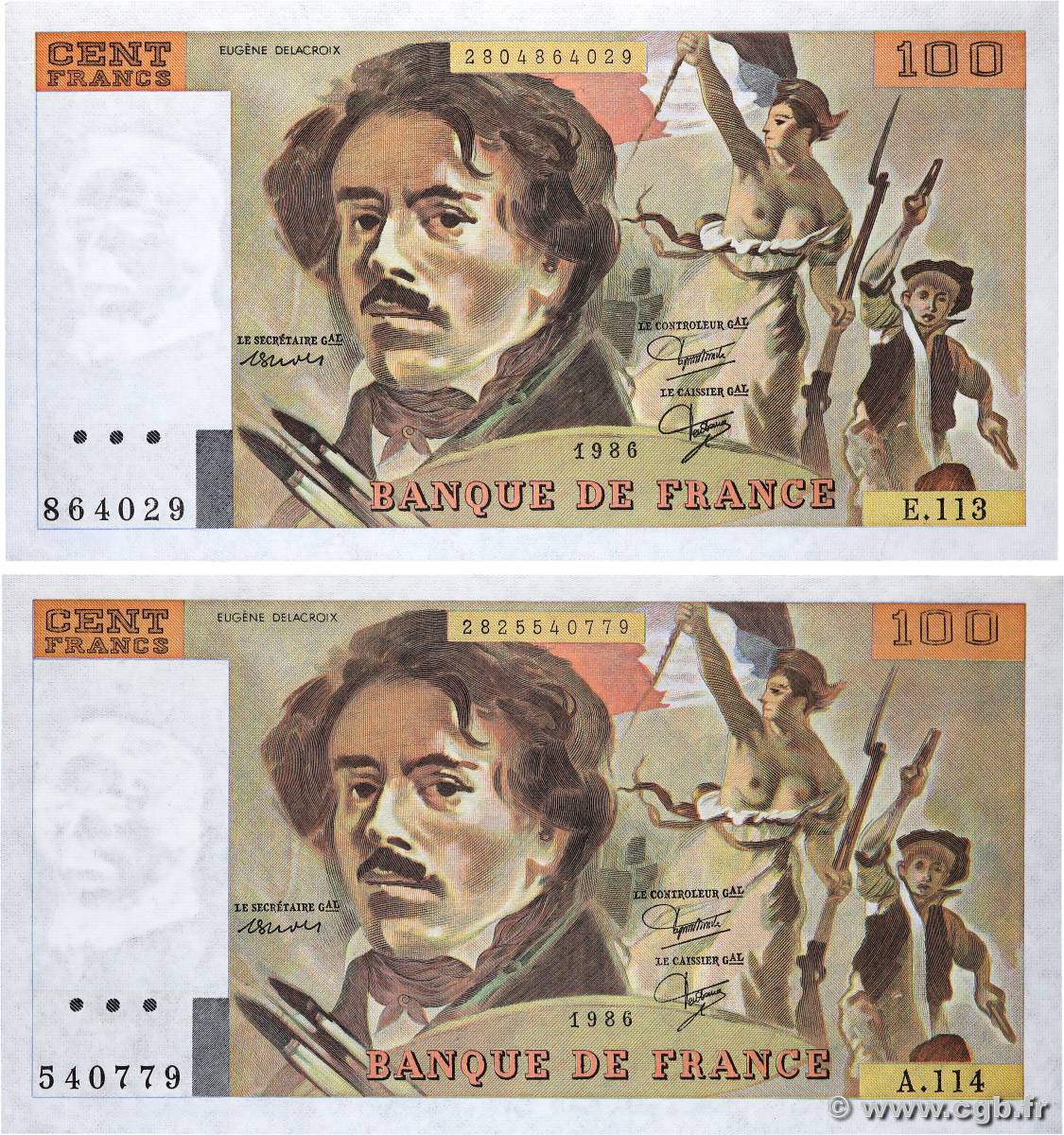 100 Francs DELACROIX modifié Lot FRANCE  1986 F.69.10 AU+