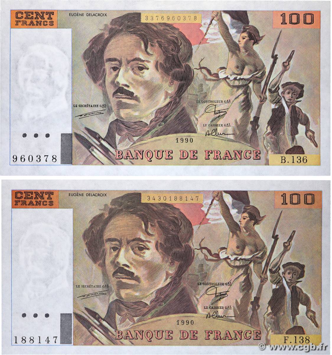 100 Francs DELACROIX imprimé en continu Lot FRANCE  1990 F.69bis.01a UNC-