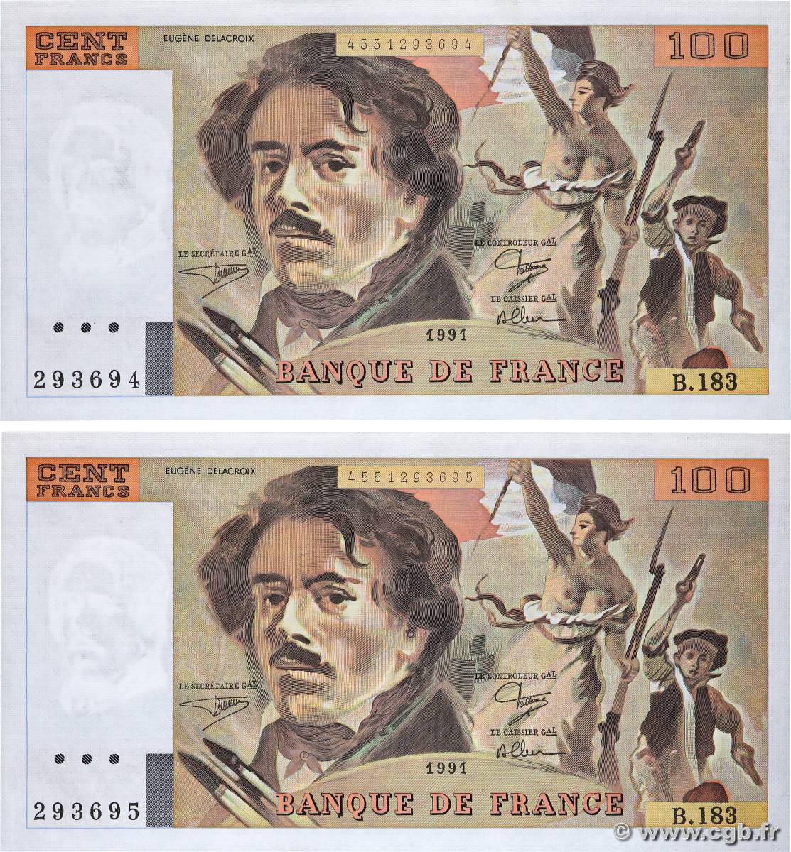 100 Francs DELACROIX imprimé en continu Consécutifs FRANKREICH  1991 F.69bis.03b2 fST+