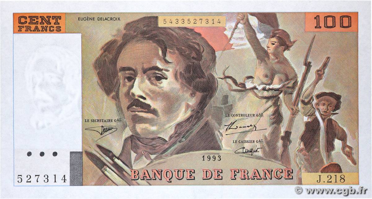 100 Francs DELACROIX imprimé en continu FRANCE  1993 F.69bis.05 UNC