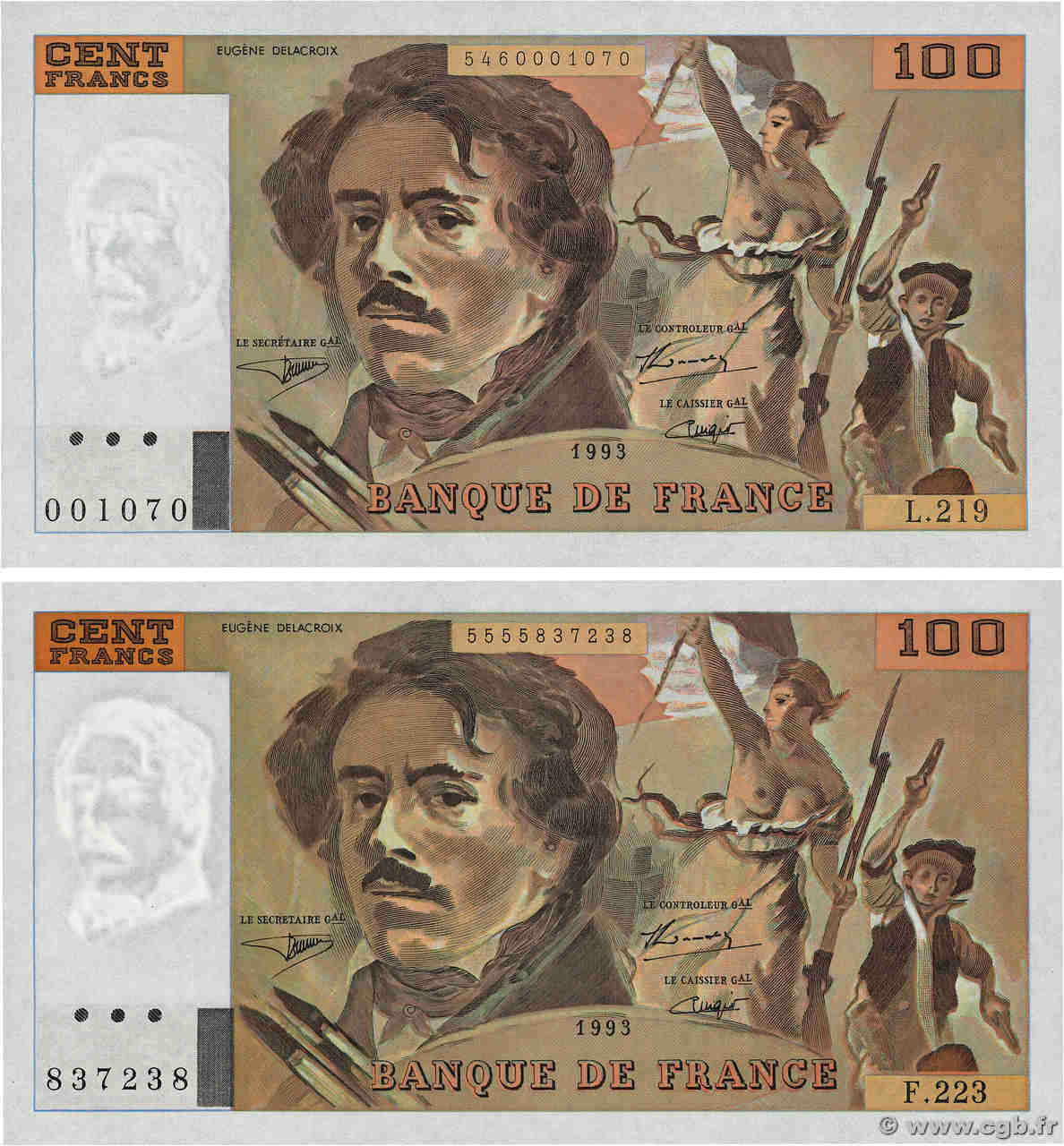 100 Francs DELACROIX imprimé en continu Lot FRANCE  1993 F.69bis.07 AU