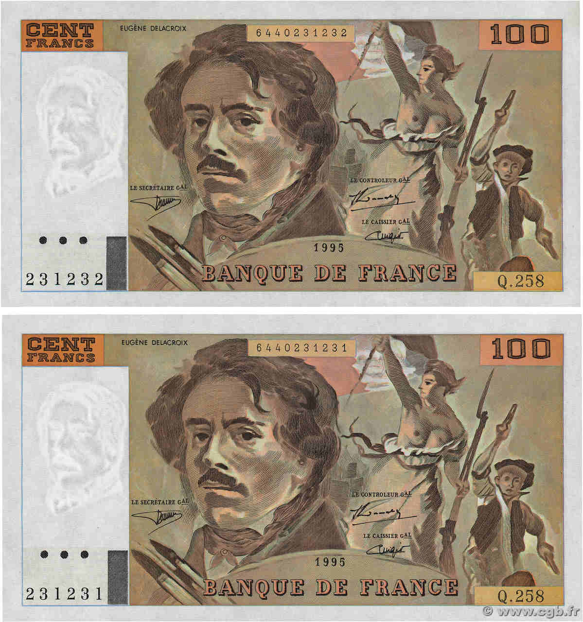 100 Francs DELACROIX 442-1 & 442-2 Consécutifs FRANCE  1995 F.69ter.02a AU