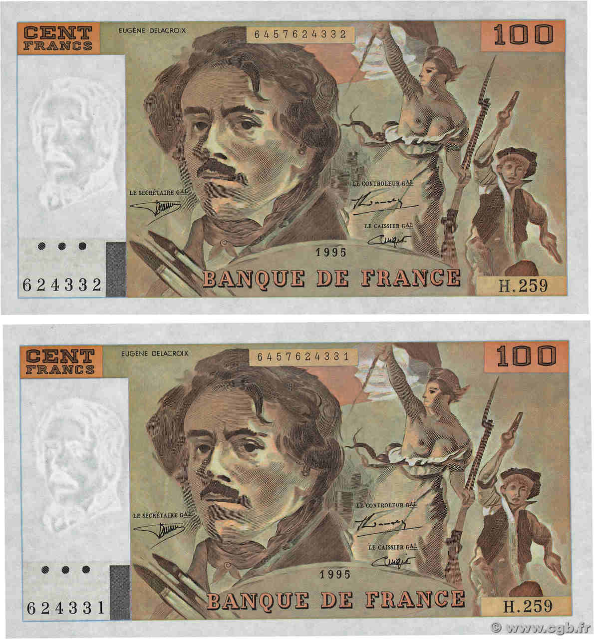 100 Francs DELACROIX 442-1 & 442-2 Consécutifs FRANCE  1995 F.69ter.02a NEUF