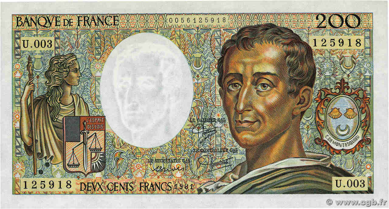 200 Francs MONTESQUIEU FRANCE  1981 F.70.01 NEUF