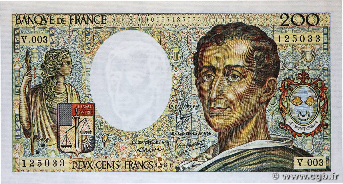 200 Francs MONTESQUIEU FRANCE  1981 F.70.01 UNC