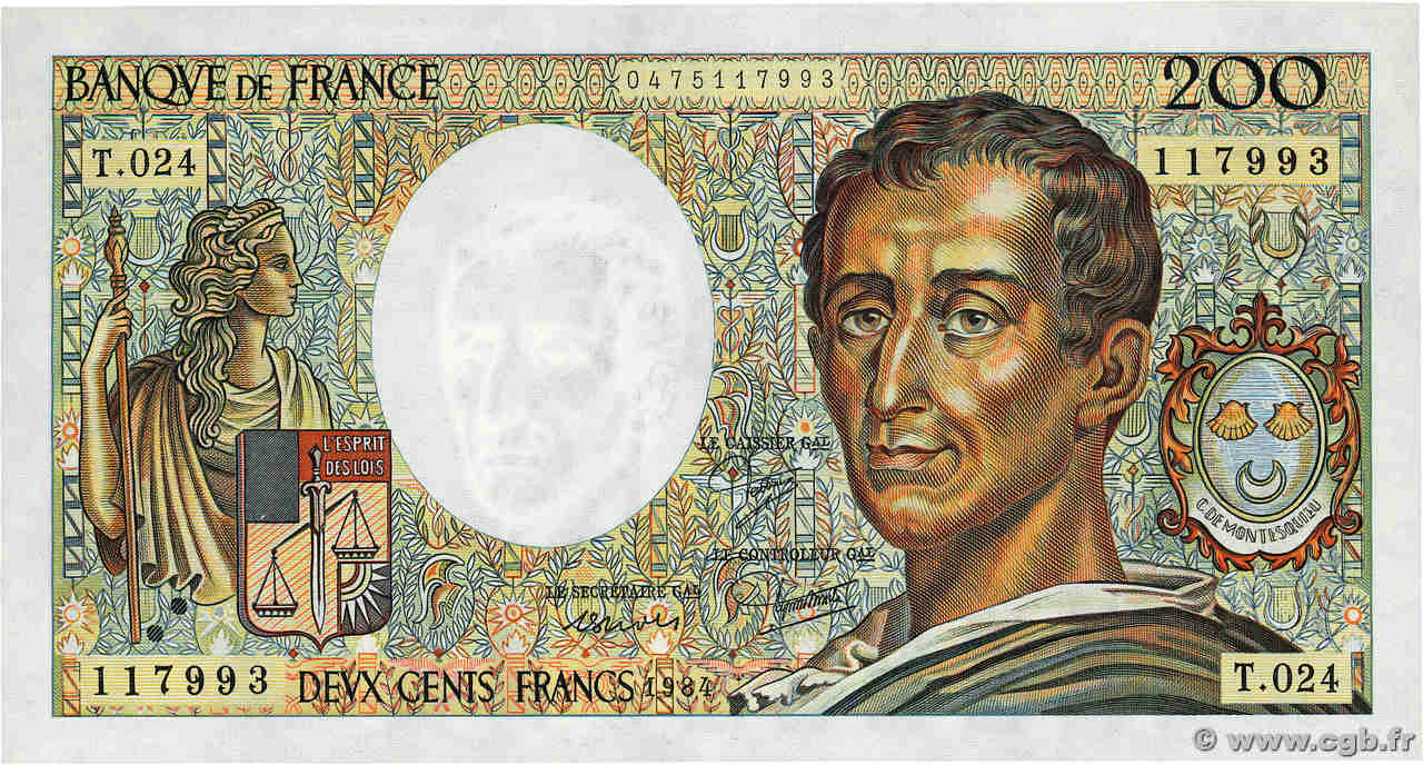 200 Francs MONTESQUIEU FRANCE  1984 F.70.04 UNC-