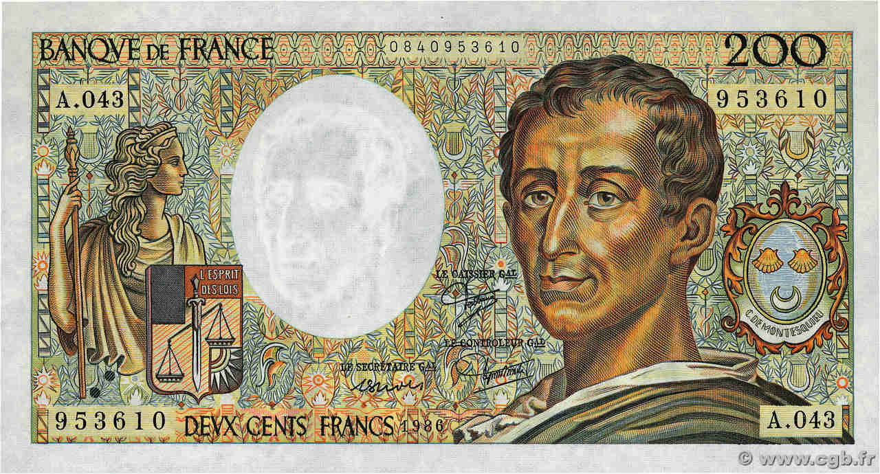 200 Francs MONTESQUIEU FRANCE  1986 F.70.06 AU+
