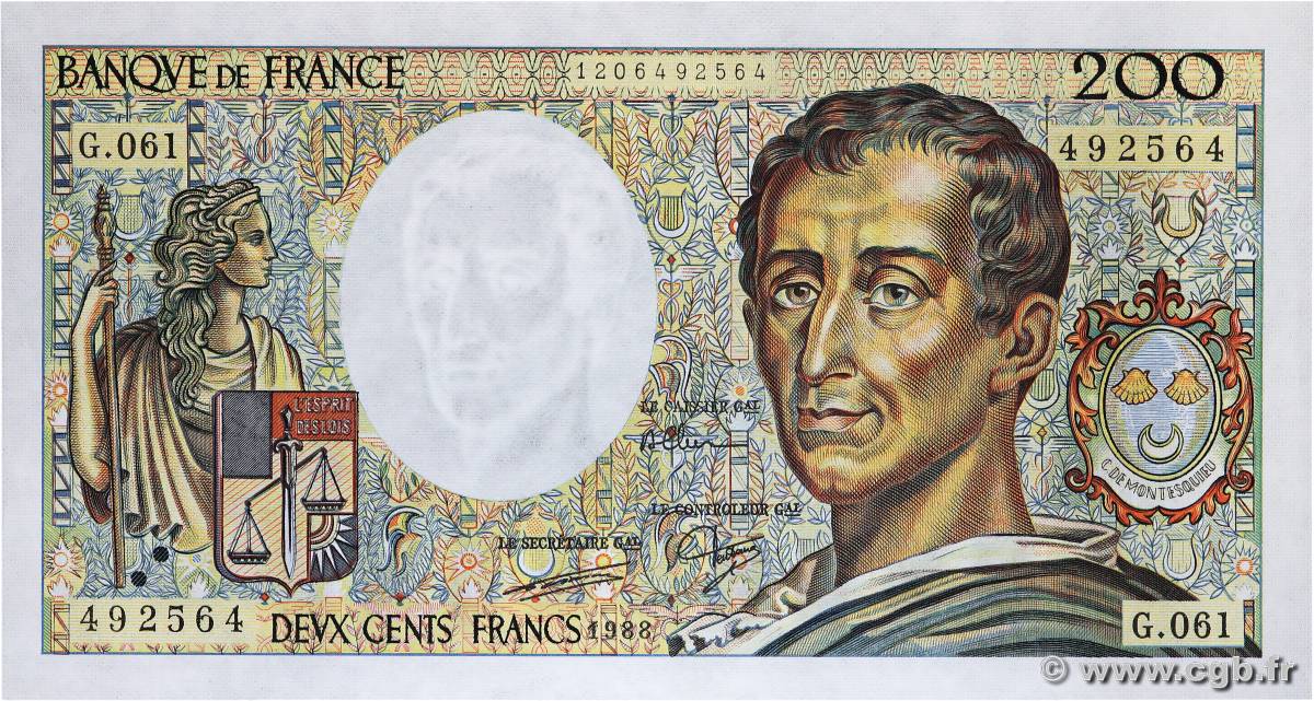 200 Francs MONTESQUIEU FRANCE  1988 F.70.08 AU-