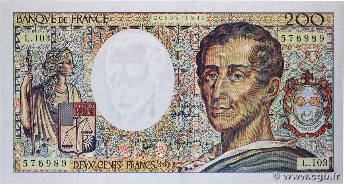 200 Francs MONTESQUIEU FRANCE  1992 F.70.12a UNC-