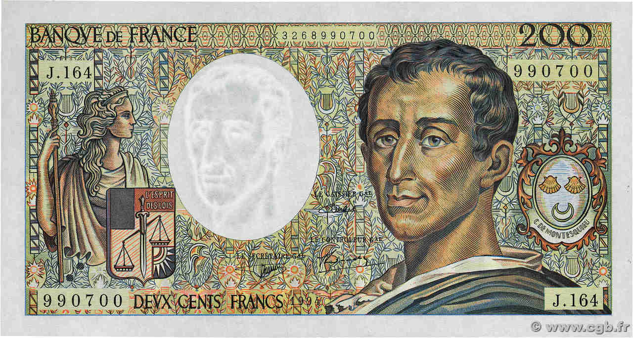 200 Francs MONTESQUIEU Modifié FRANCE  1994 F.70/2.01 NEUF