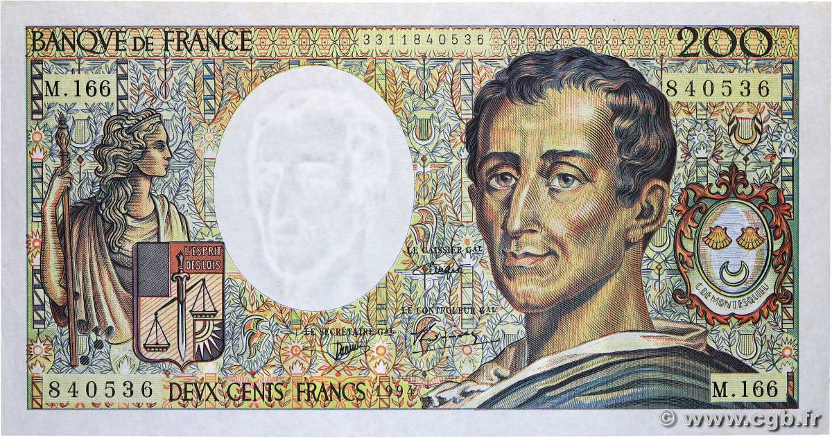 200 Francs MONTESQUIEU Modifié FRANCE  1994 F.70/2.01 SPL