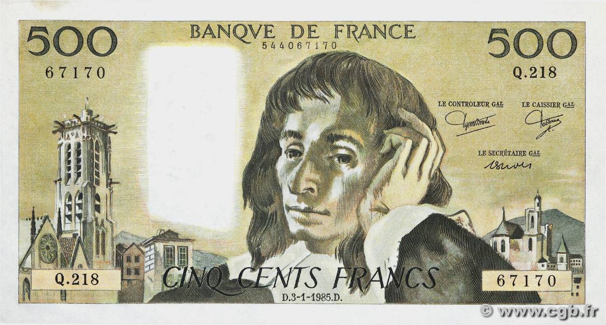 500 Francs PASCAL FRANCE  1985 F.71.32 AU