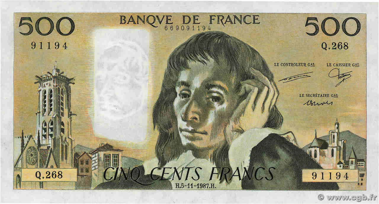 500 Francs PASCAL FRANKREICH  1987 F.71.37 fST+