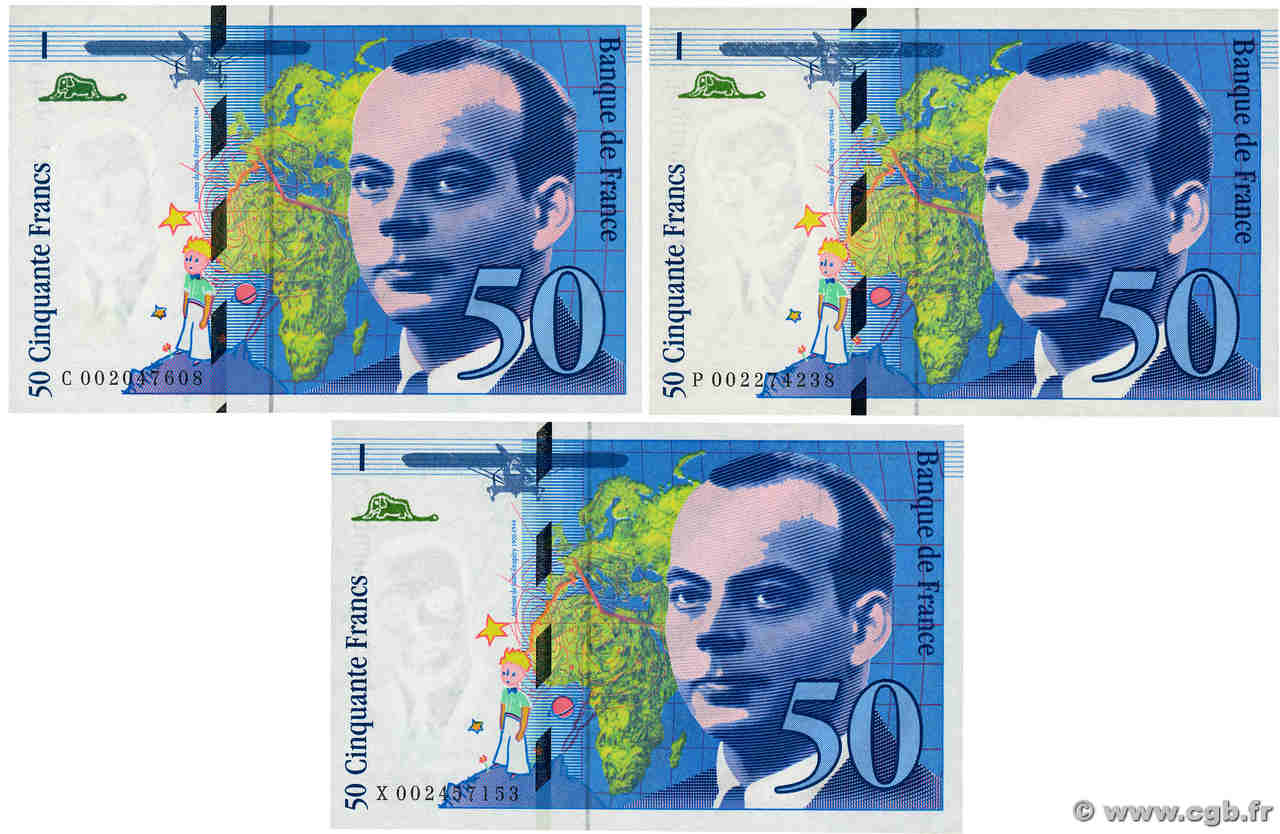 50 Francs SAINT-EXUPÉRY Lot FRANCIA  1992 F.72.01b q.FDC
