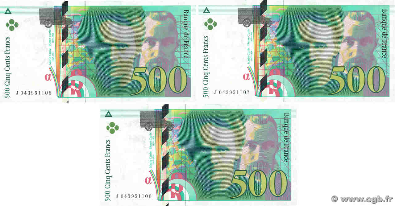 500 Francs PIERRE ET MARIE CURIE Consécutifs FRANCIA  2000 F.76.05 FDC