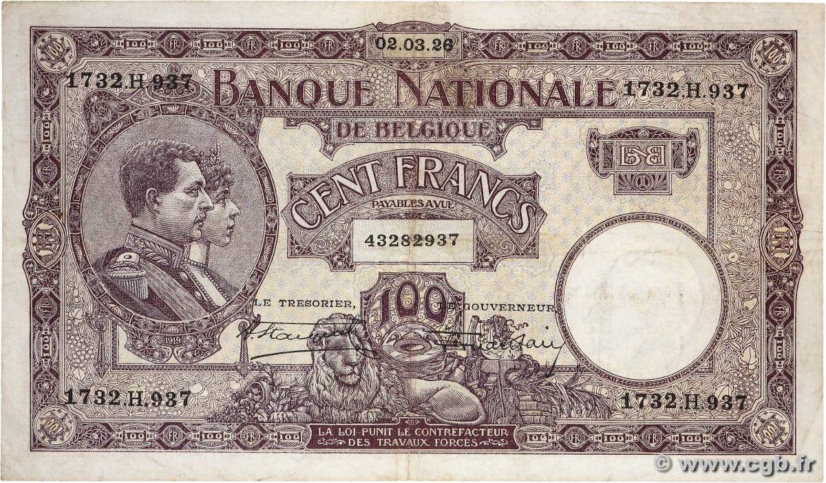 100 Francs BELGIUM  1926 P.095 VF-