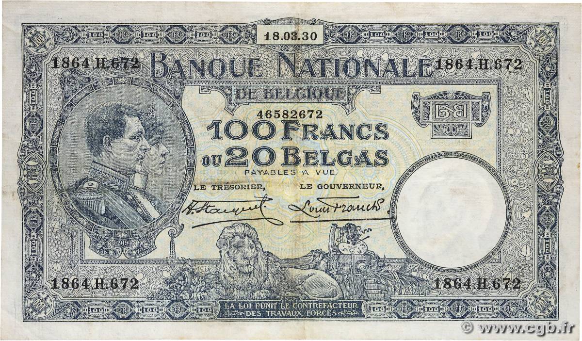 100 Francs - 20 Belgas BELGIUM  1930 P.102 VF