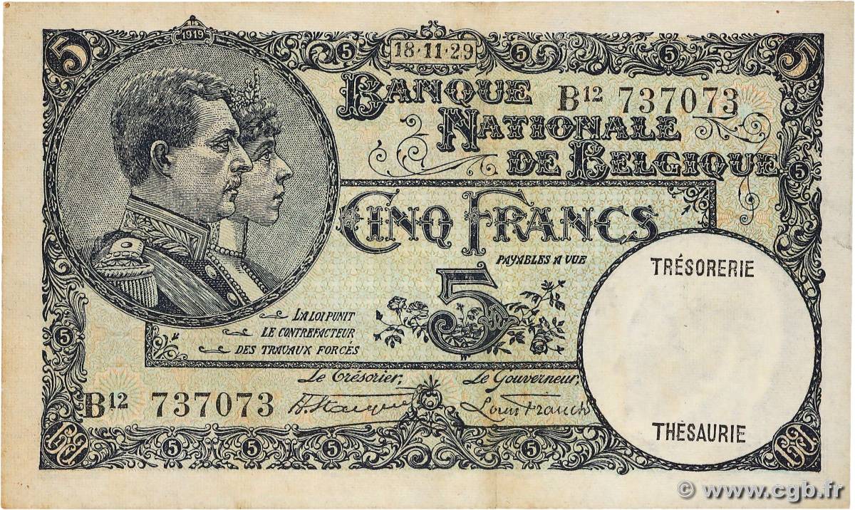 5 Francs BELGIUM  1929 P.097b XF