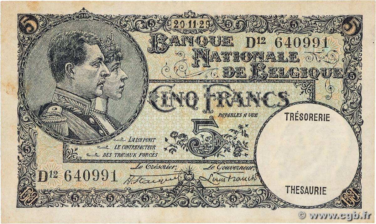 5 Francs BELGIUM  1929 P.097b XF