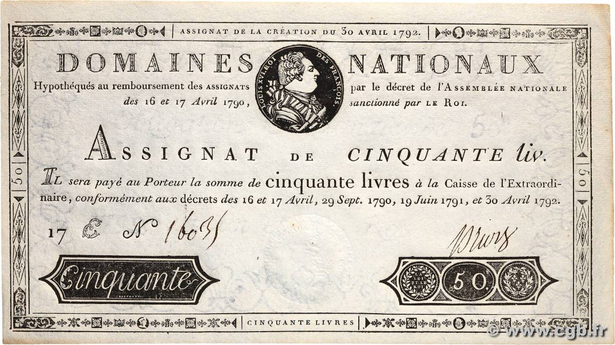 50 Livres FRANCE  1792 Ass.28a UNC-