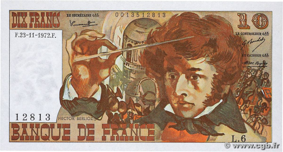 10 Francs BERLIOZ FRANCE  1972 F.63.01 AU+